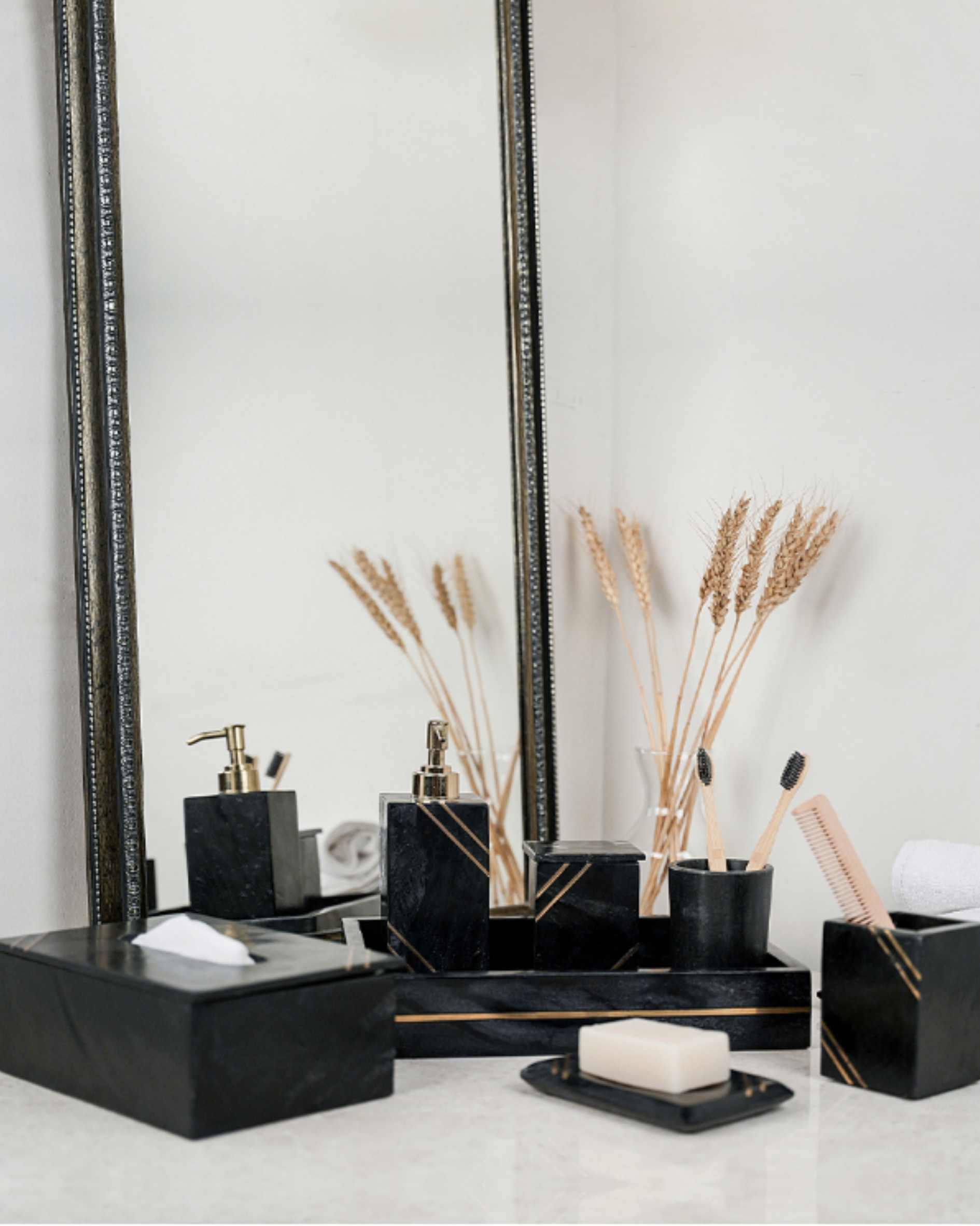 Luxurious Black Marble Bathroom Set with Gold Inlay